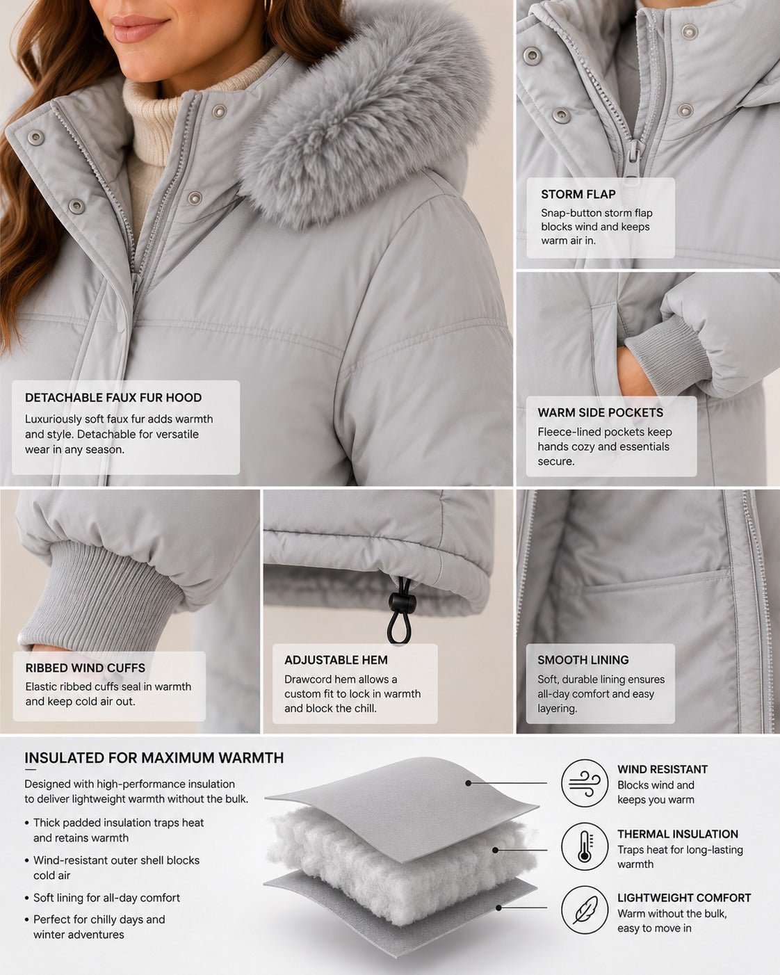 Ladies Fur Collar Jacket -Grey - StylePhase SA