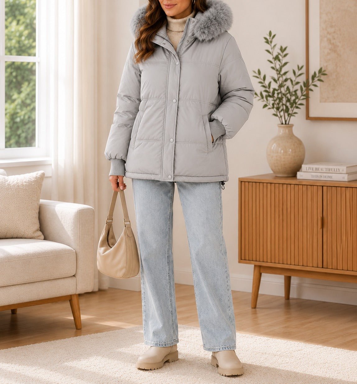 Ladies Fur Collar Jacket -Grey - StylePhase SA