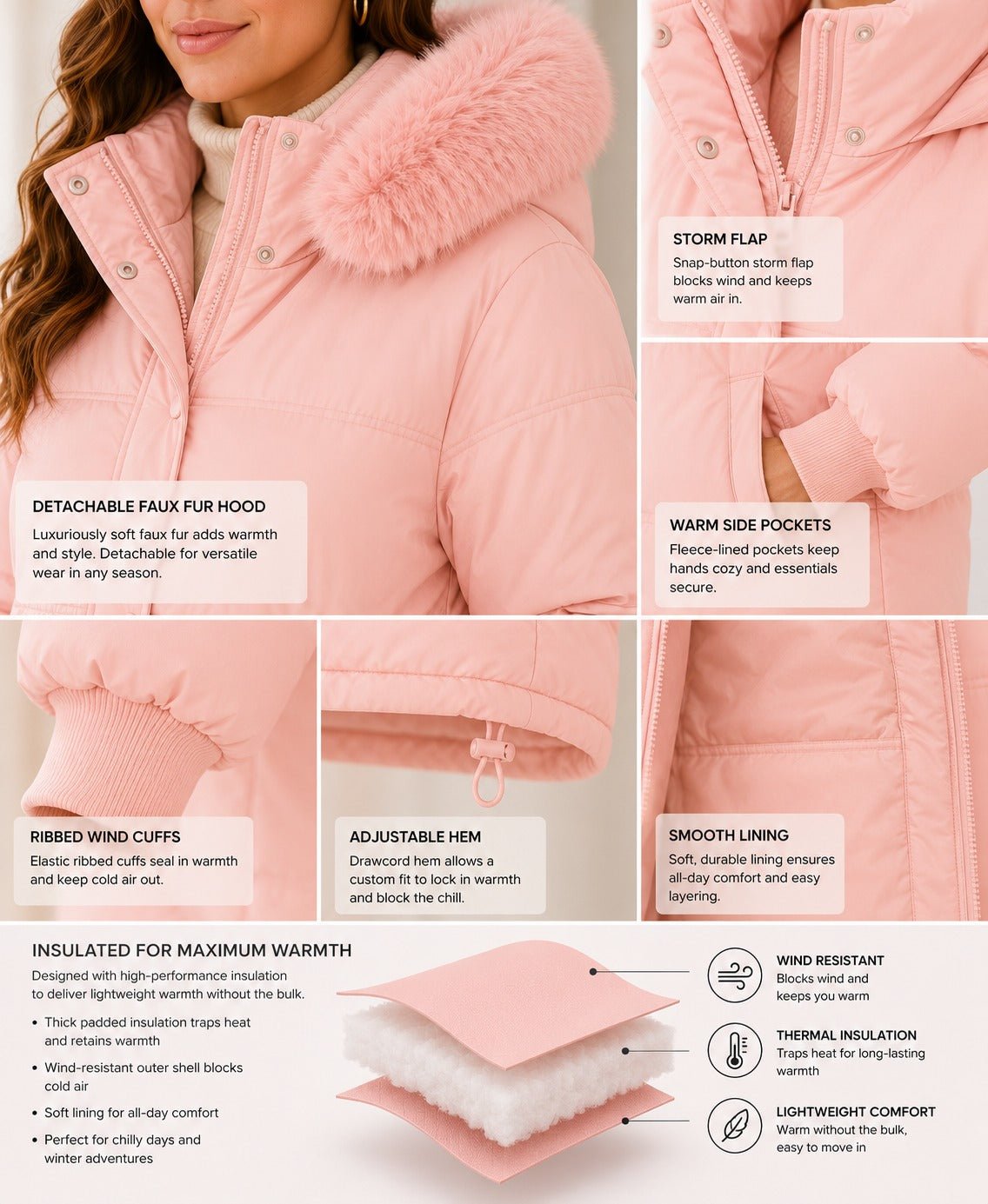 Ladies Fur Collar Jacket -Pink - StylePhase SA