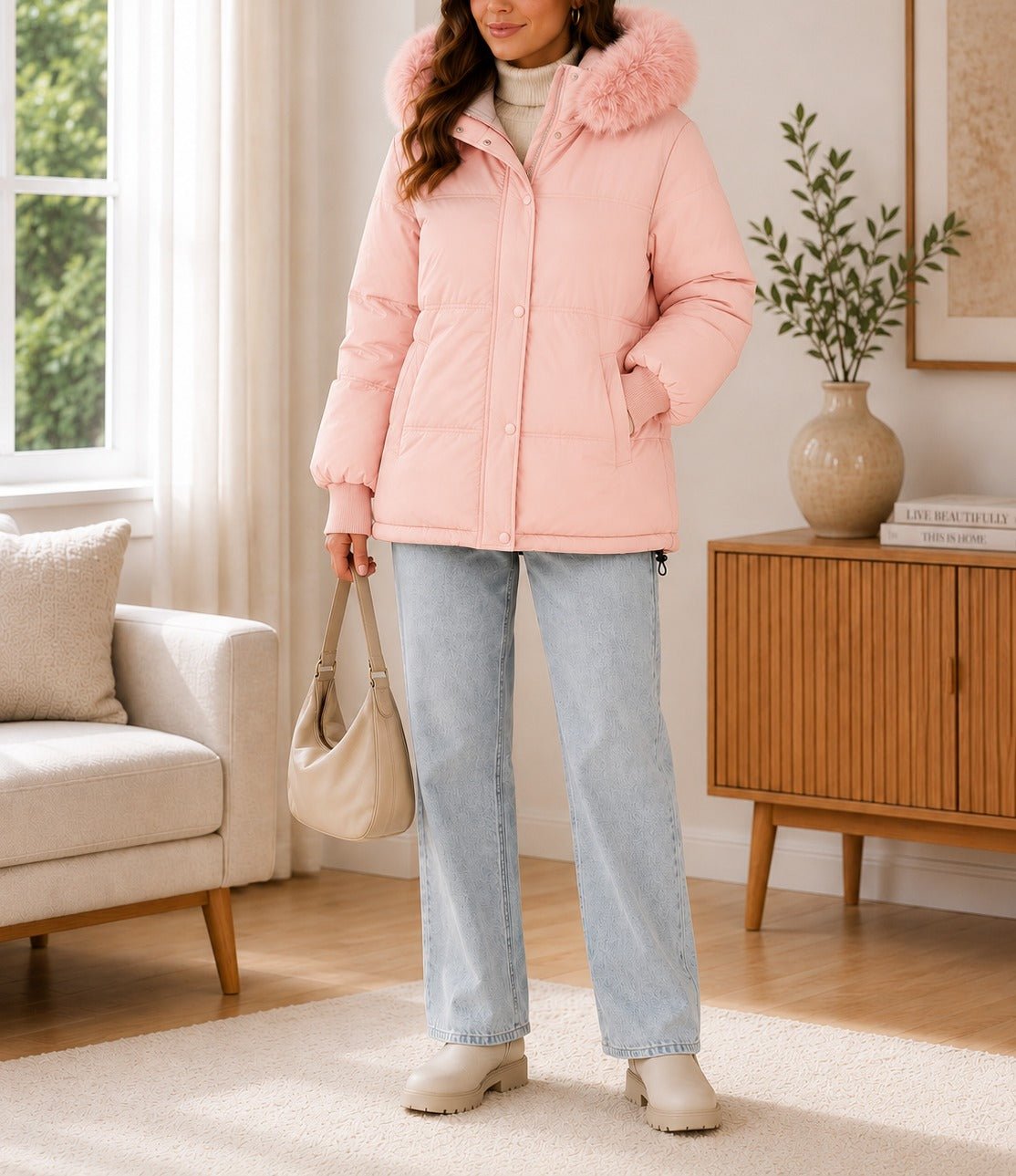 Ladies Fur Collar Jacket -Pink - StylePhase SA