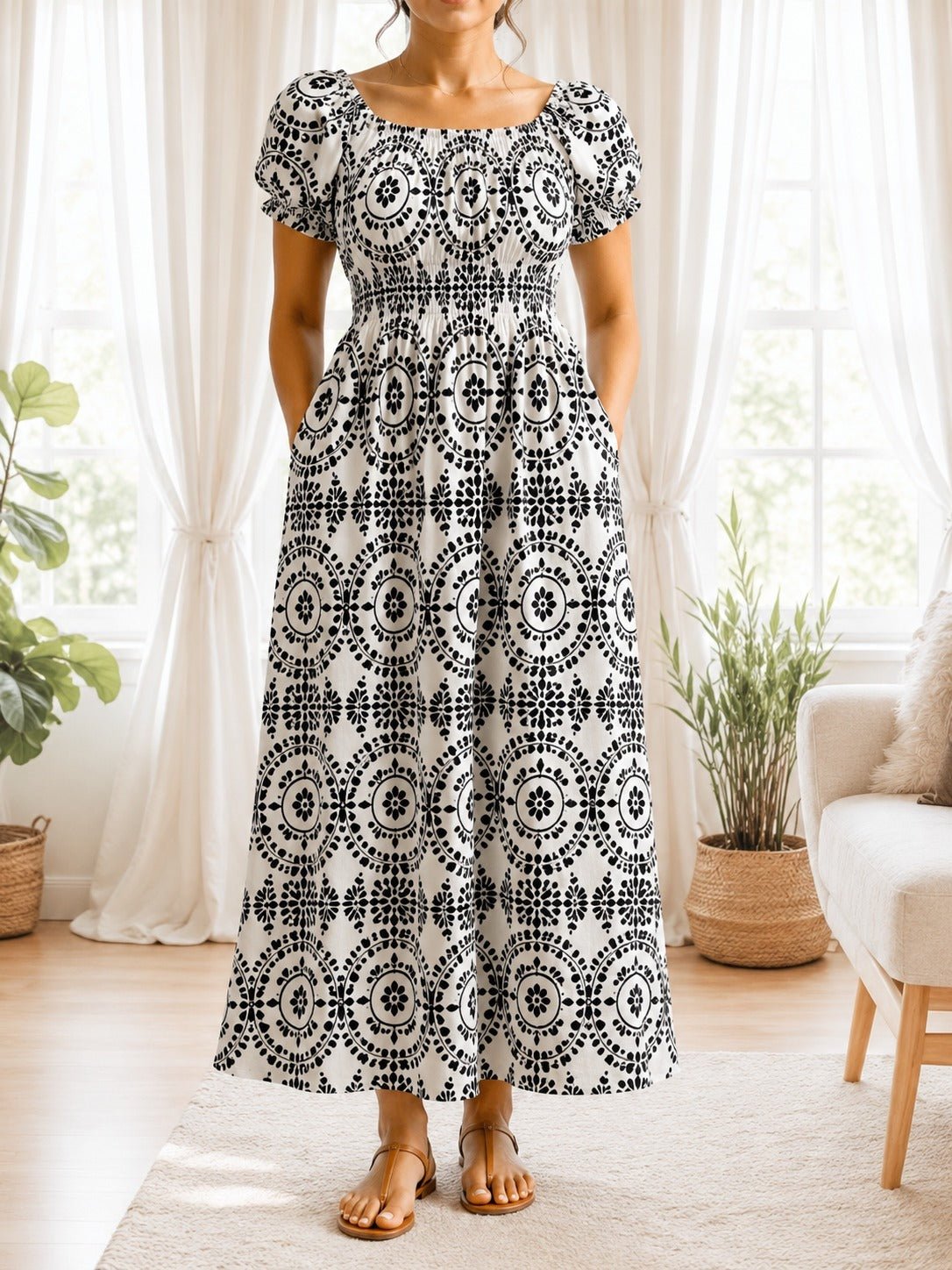 Ladies Geometric Print Cap Sleeve Black And White Dress - StylePhase SA