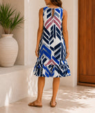 Ladies Geometric Print Ruffled Hem Dress -Blue - StylePhase SA