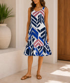Ladies Geometric Print Ruffled Hem Dress -Blue - StylePhase SA