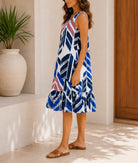 Ladies Geometric Print Ruffled Hem Dress -Blue - StylePhase SA