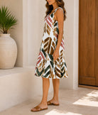 Ladies Geometric Print Ruffled Hem Dress -Green - StylePhase SA