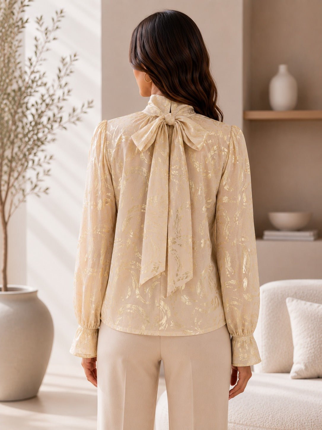 Ladies Gold High Neck Printed Long Sleeve Blouse - StylePhase SA