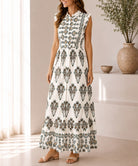 Ladies Green And Cream Sleeveless Paisley Print Maxi Dress - StylePhase SA
