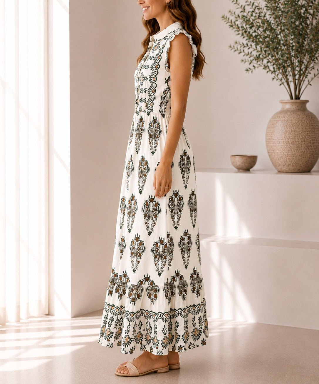 Ladies Green And Cream Sleeveless Paisley Print Maxi Dress - StylePhase SA