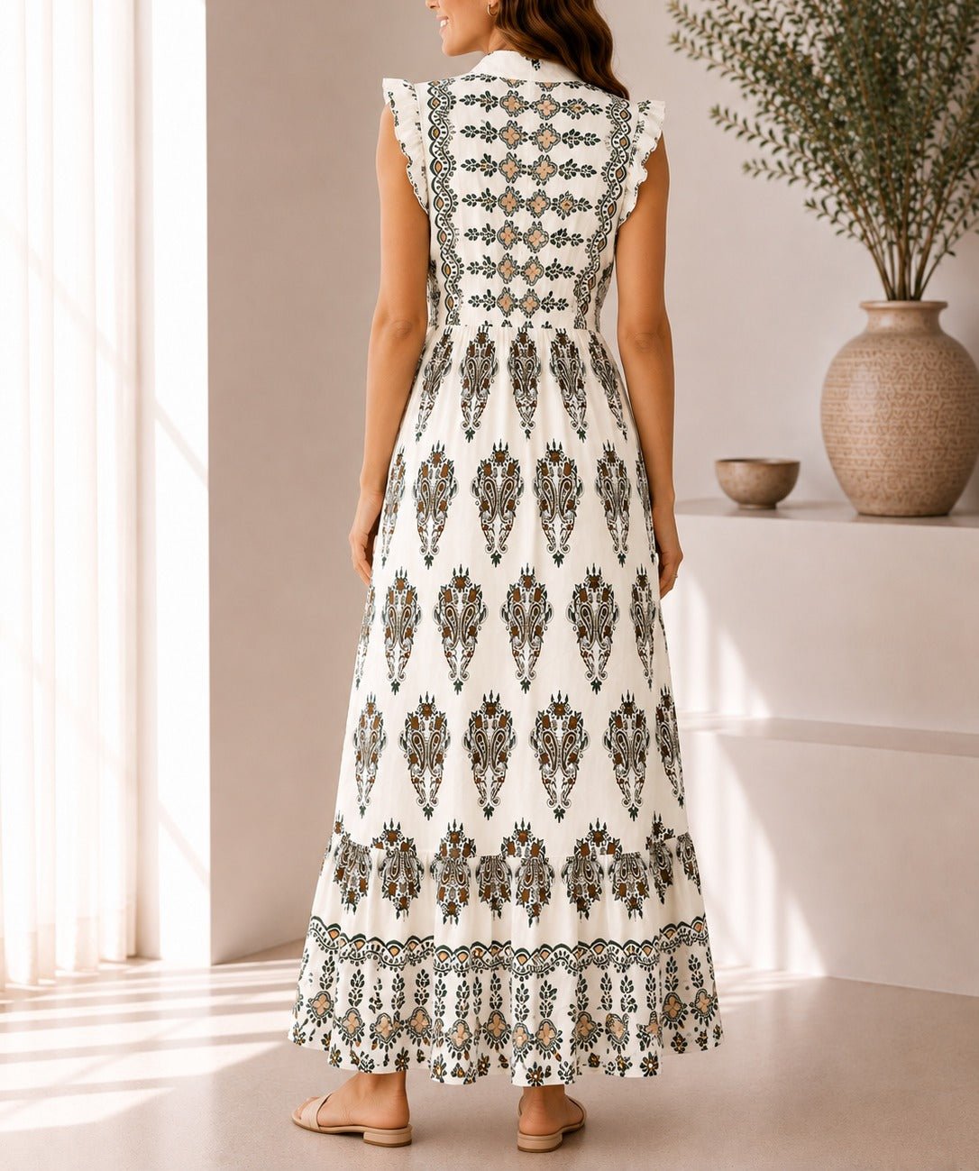 Ladies Green And Cream Sleeveless Paisley Print Maxi Dress - StylePhase SA