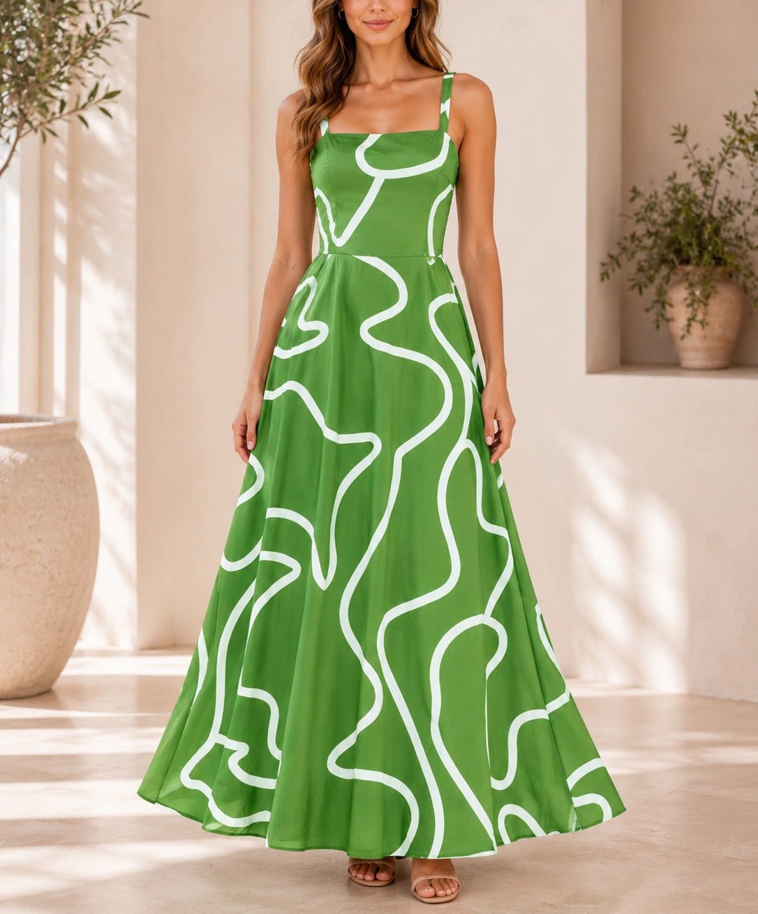 Ladies Green And White A-Line Cami Maxi Dress - StylePhase SA