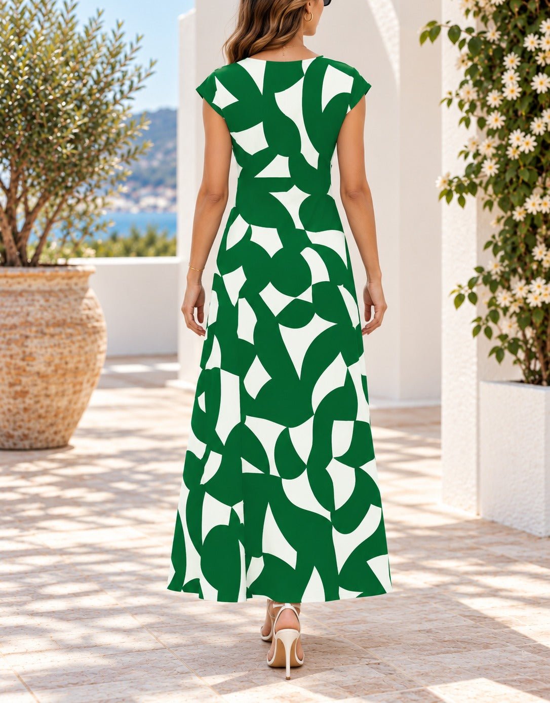 Ladies Green And White Cap Sleeve Maxi Dress - StylePhase SA