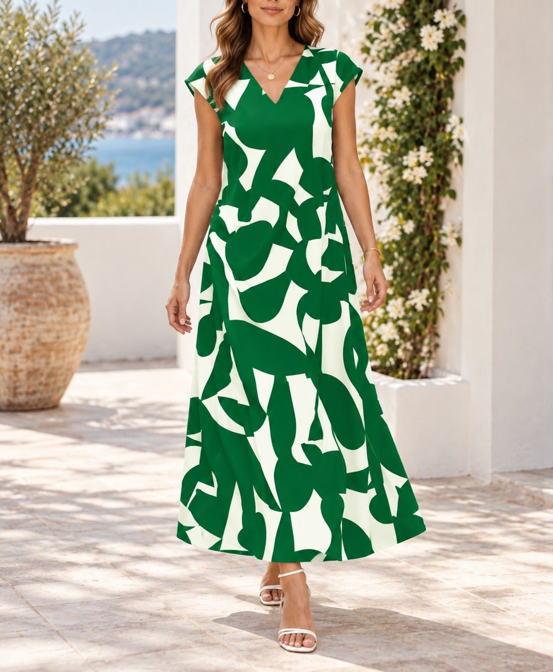 Ladies Green And White Cap Sleeve Maxi Dress - StylePhase SA