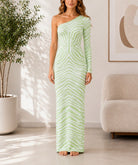 Ladies Green And White Knit Jersey One Shoulder Dress - StylePhase SA