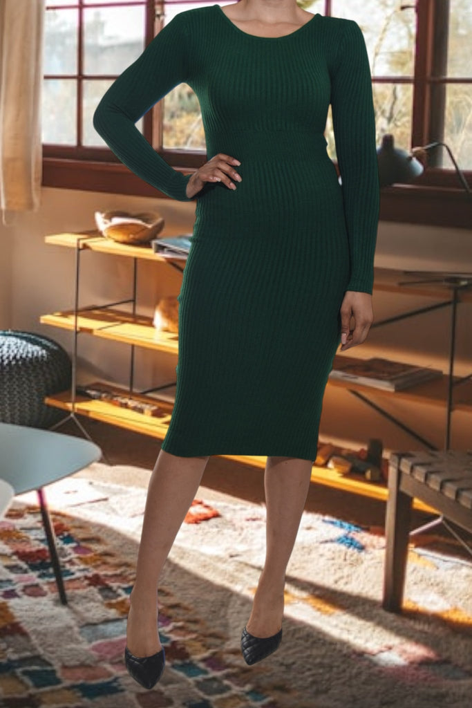 Ladies Green Bodycon Long Sleeve Dress - Jersey Rib - StylePhase SA