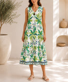 Ladies Green Botanical Print Midi V-Neck Dress - StylePhase SA