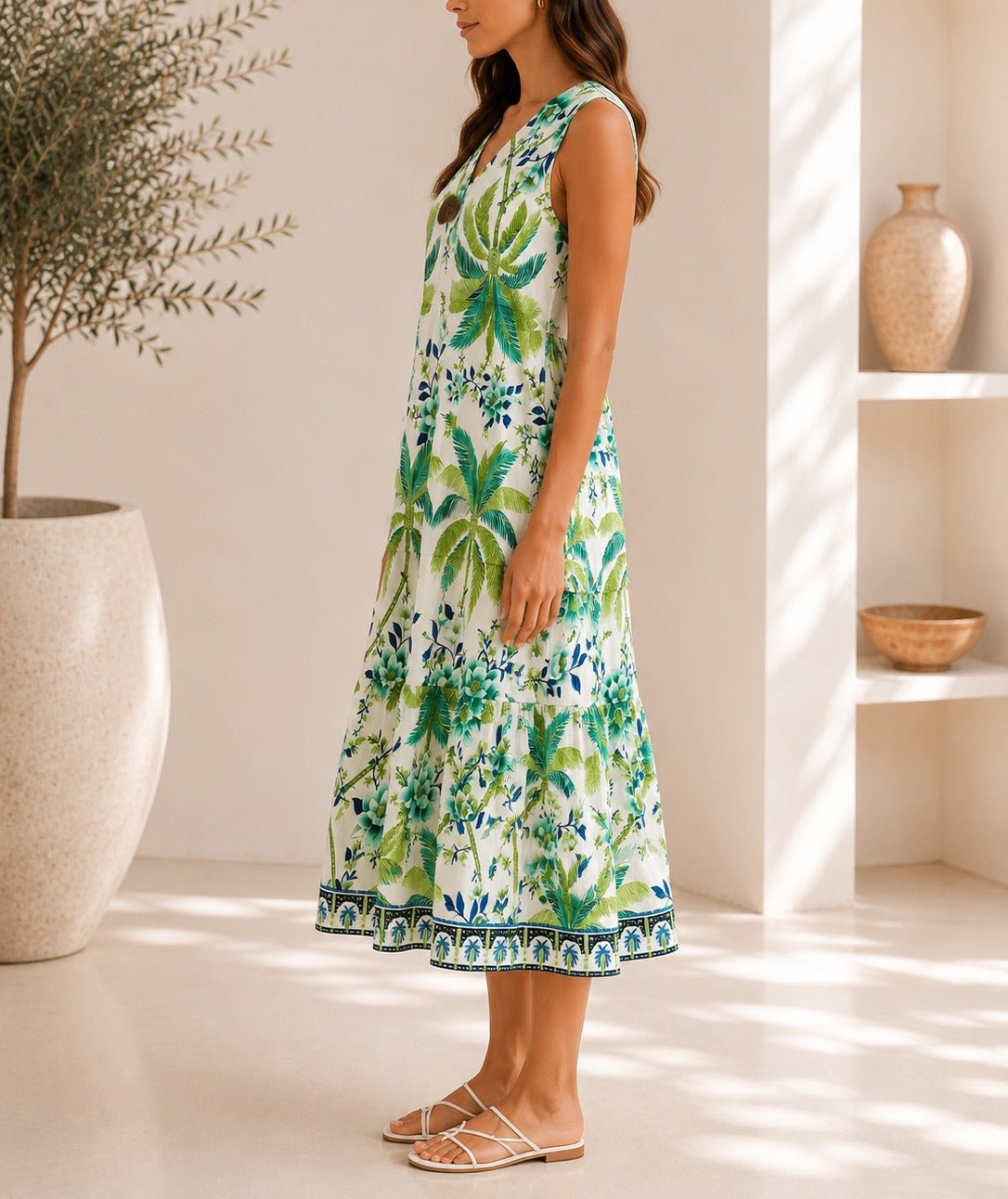 Ladies Green Botanical Print Midi V-Neck Dress - StylePhase SA