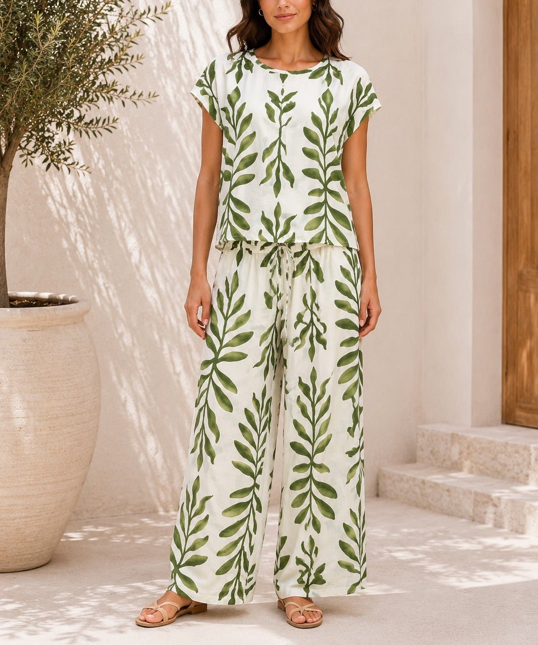 Ladies Green Botanical Print Two Piece Set - StylePhase SA