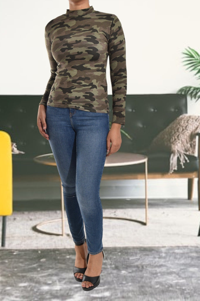 Ladies Green Camo Turtle Neck Top - StylePhase SA