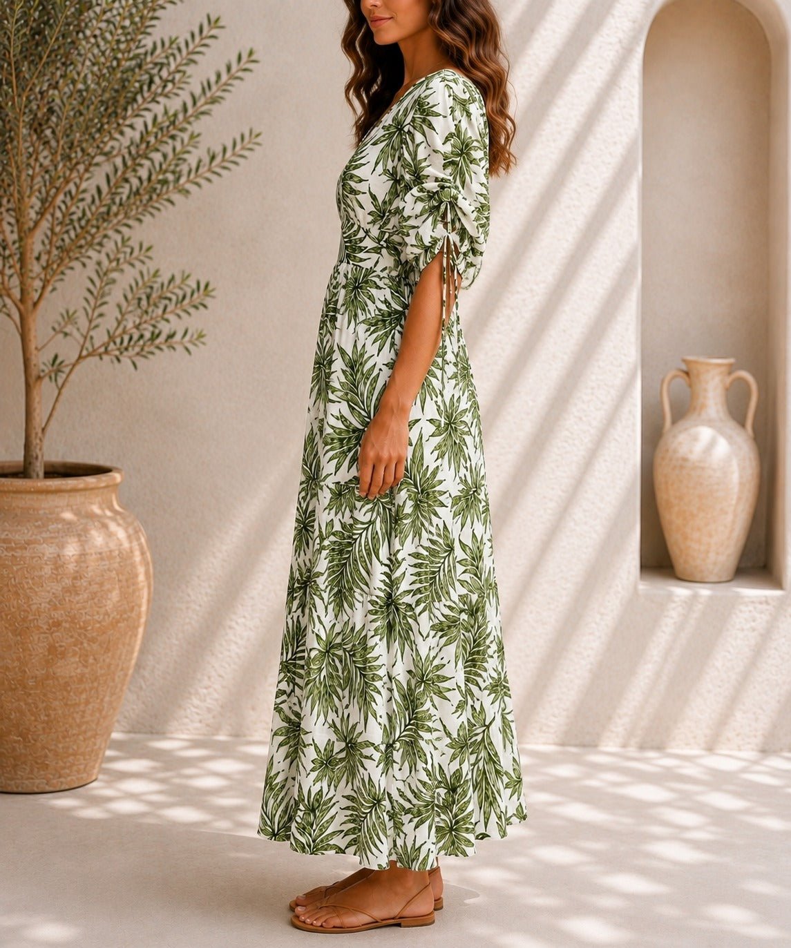 Ladies Green Chiffon Ruche Sleeve Dress - StylePhase SA