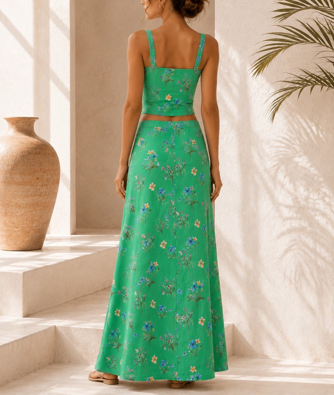 Ladies Green Crop Top Floral Two-Piece Set - StylePhase SA