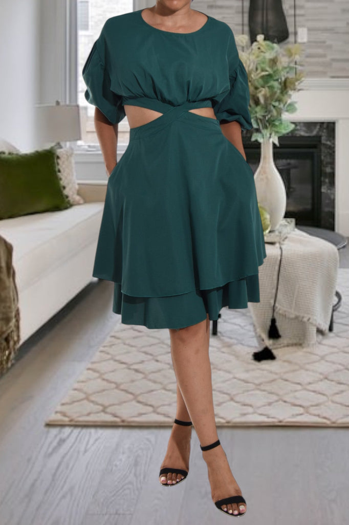 Ladies Green Cut Out Puff Sleeve Dress - StylePhase SA