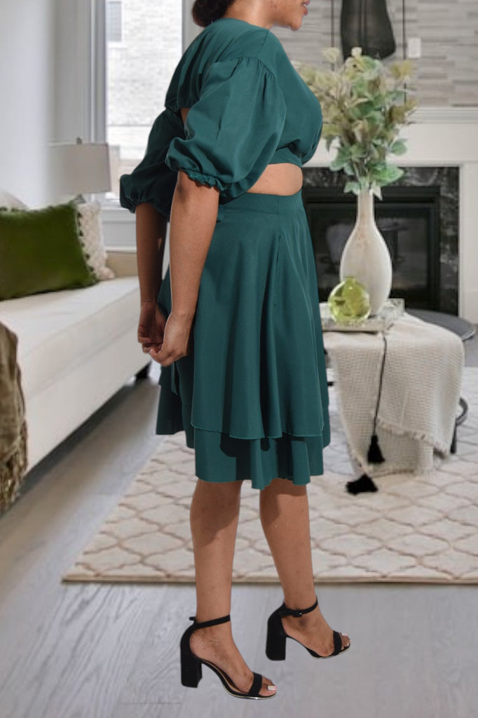 Ladies Green Cut Out Puff Sleeve Dress - StylePhase SA