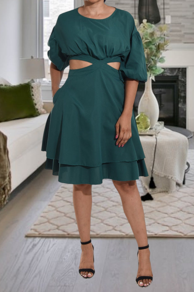 Ladies Green Cut Out Puff Sleeve Dress - StylePhase SA