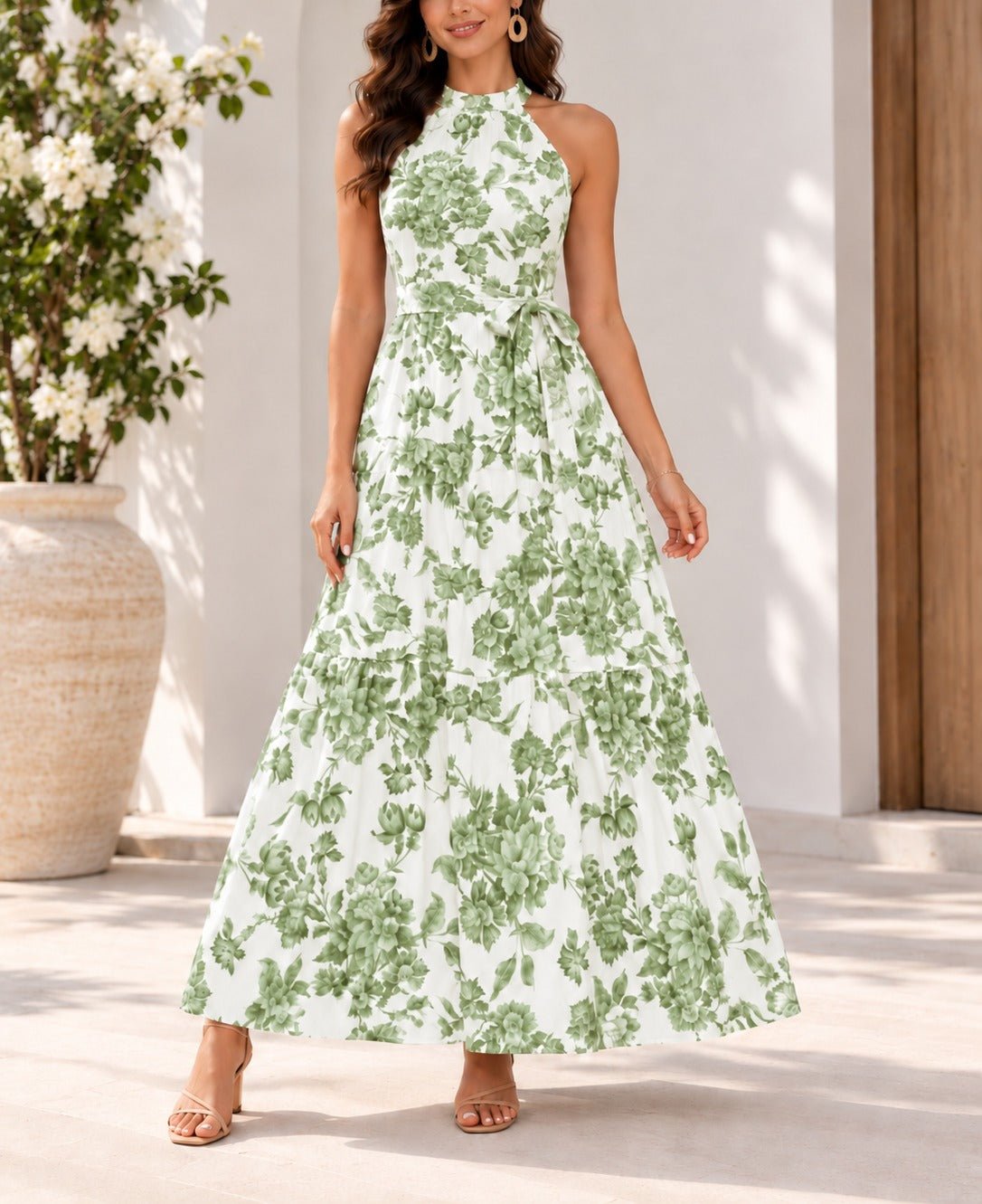Ladies Green Floral Print Tie-Waist Maxi Dress - StylePhase SA