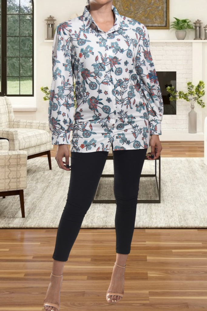 Ladies Green Floral Printed Button Shirt - StylePhase SA