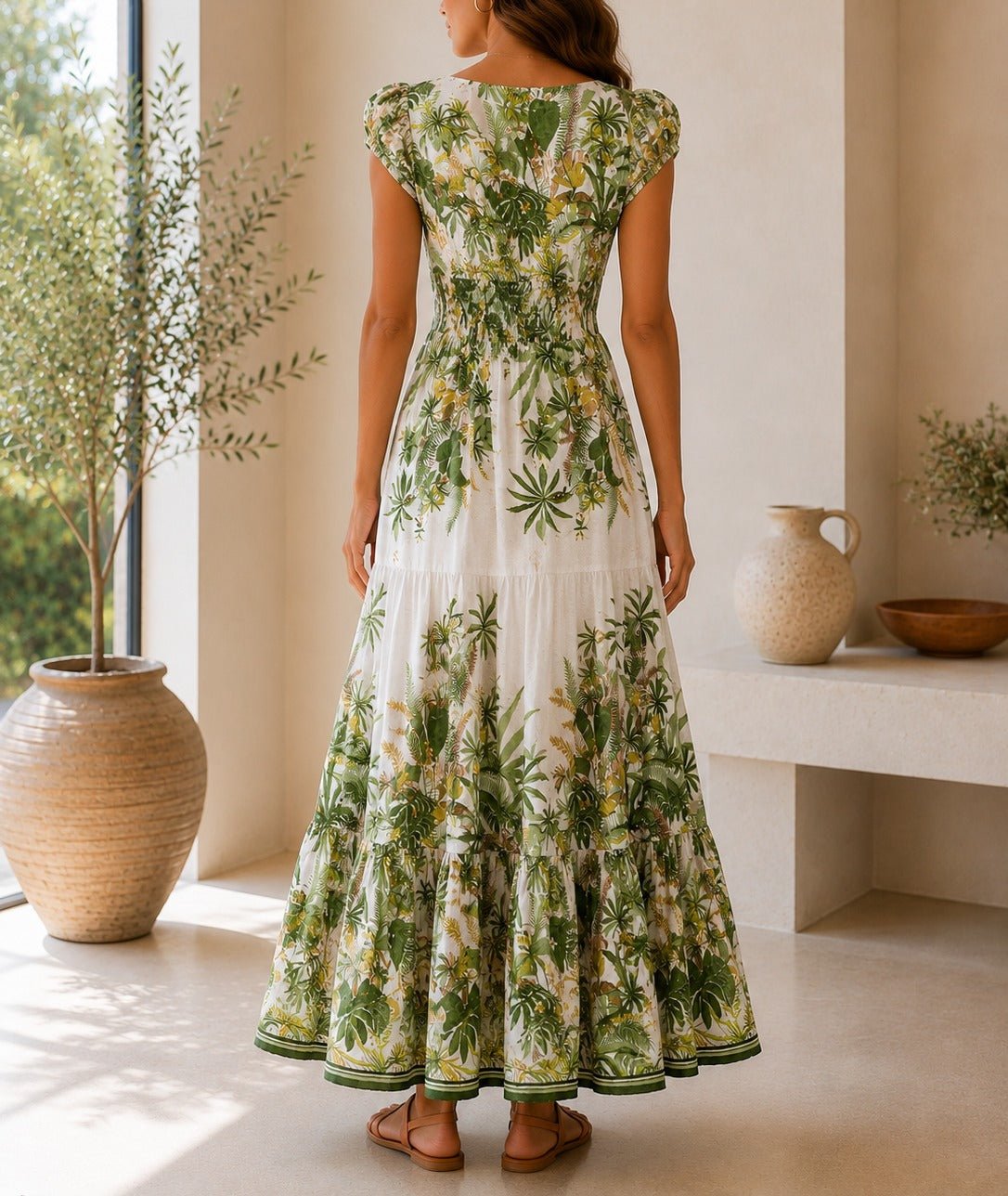 Ladies Green Floral Smoked Waist Maxi Dress - StylePhase SA