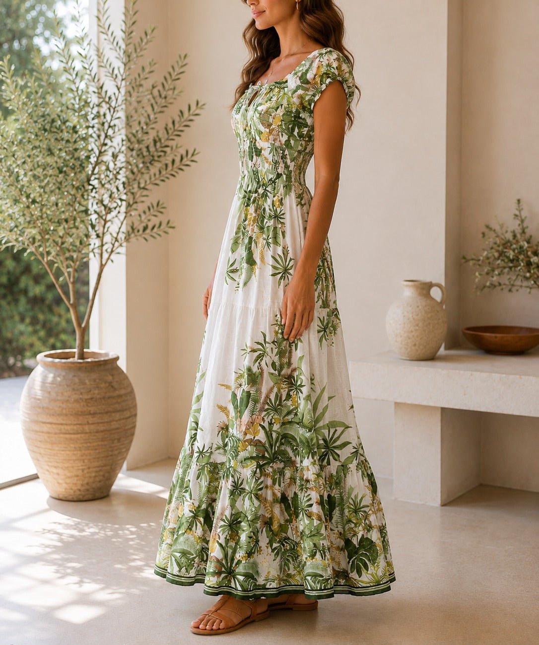 Ladies Green Floral Smoked Waist Maxi Dress - StylePhase SA