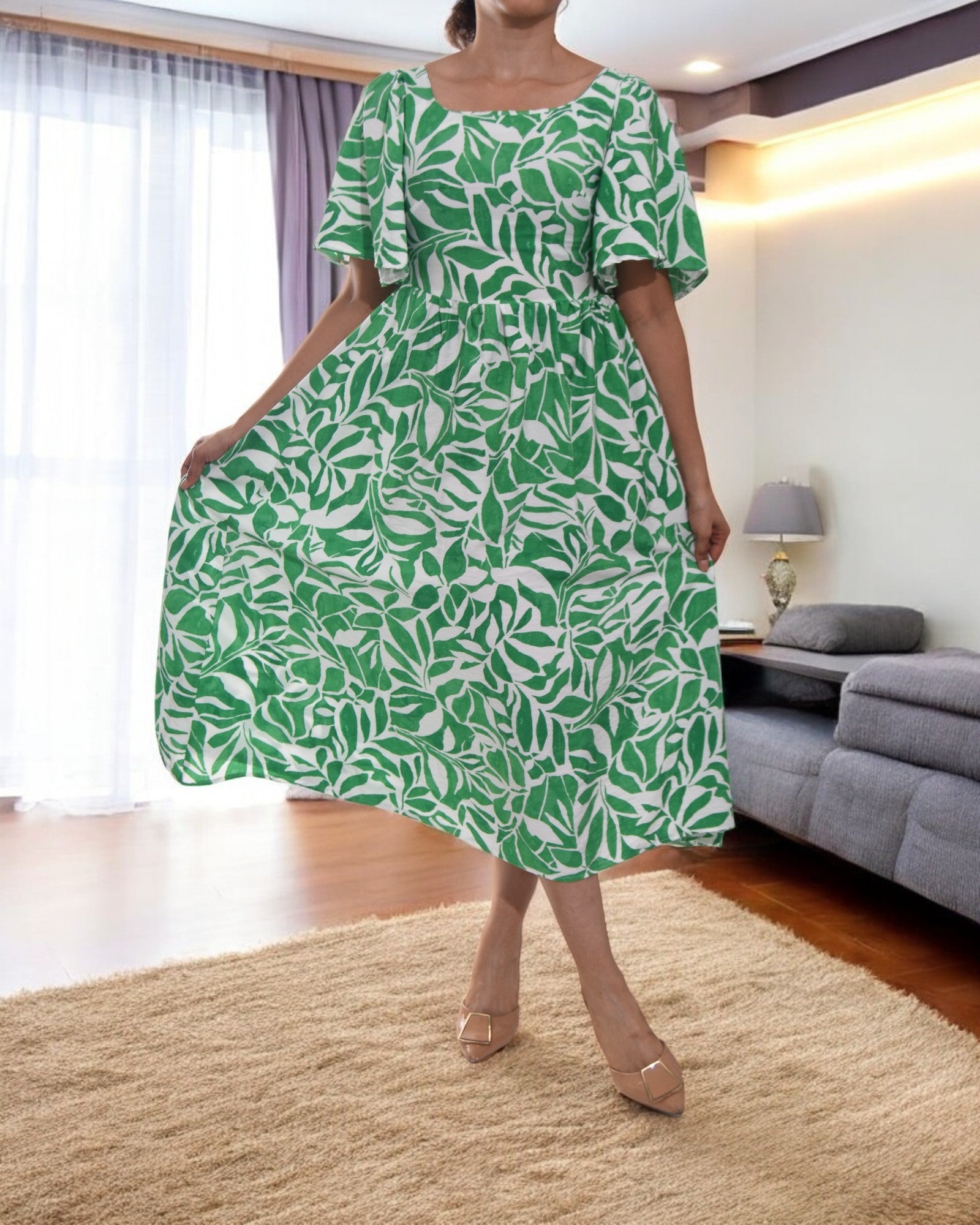 Ladies Green Floral Square Neck Dress - StylePhase SA