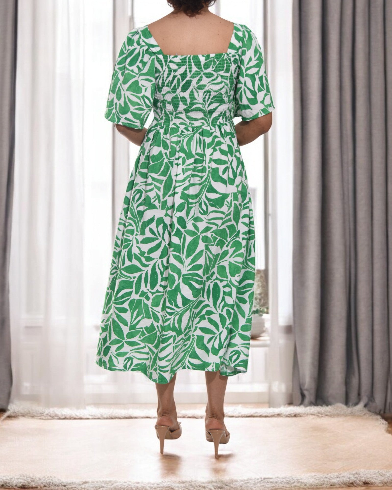 Ladies Green Floral Square Neck Dress - StylePhase SA