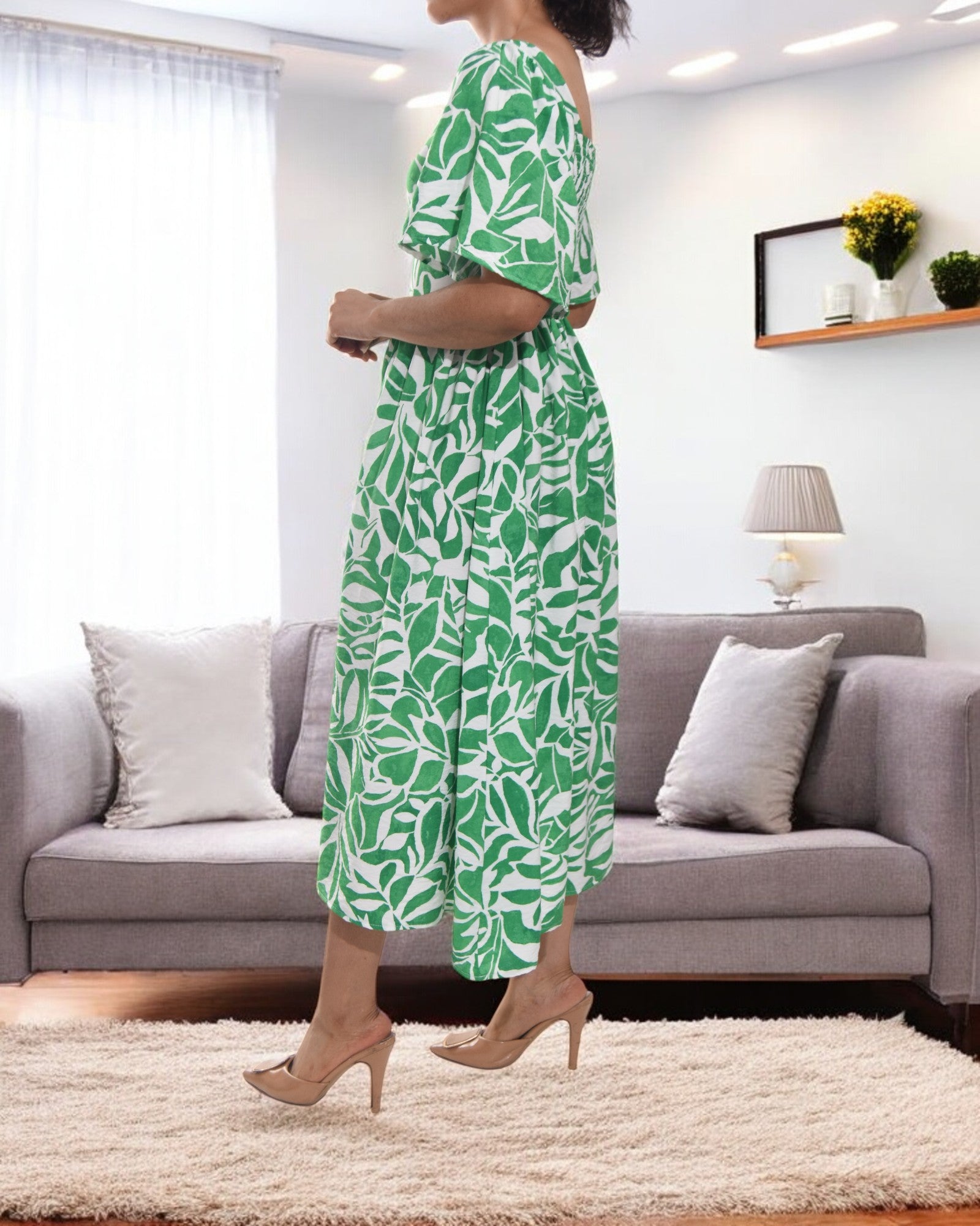 Ladies Green Floral Square Neck Dress - StylePhase SA