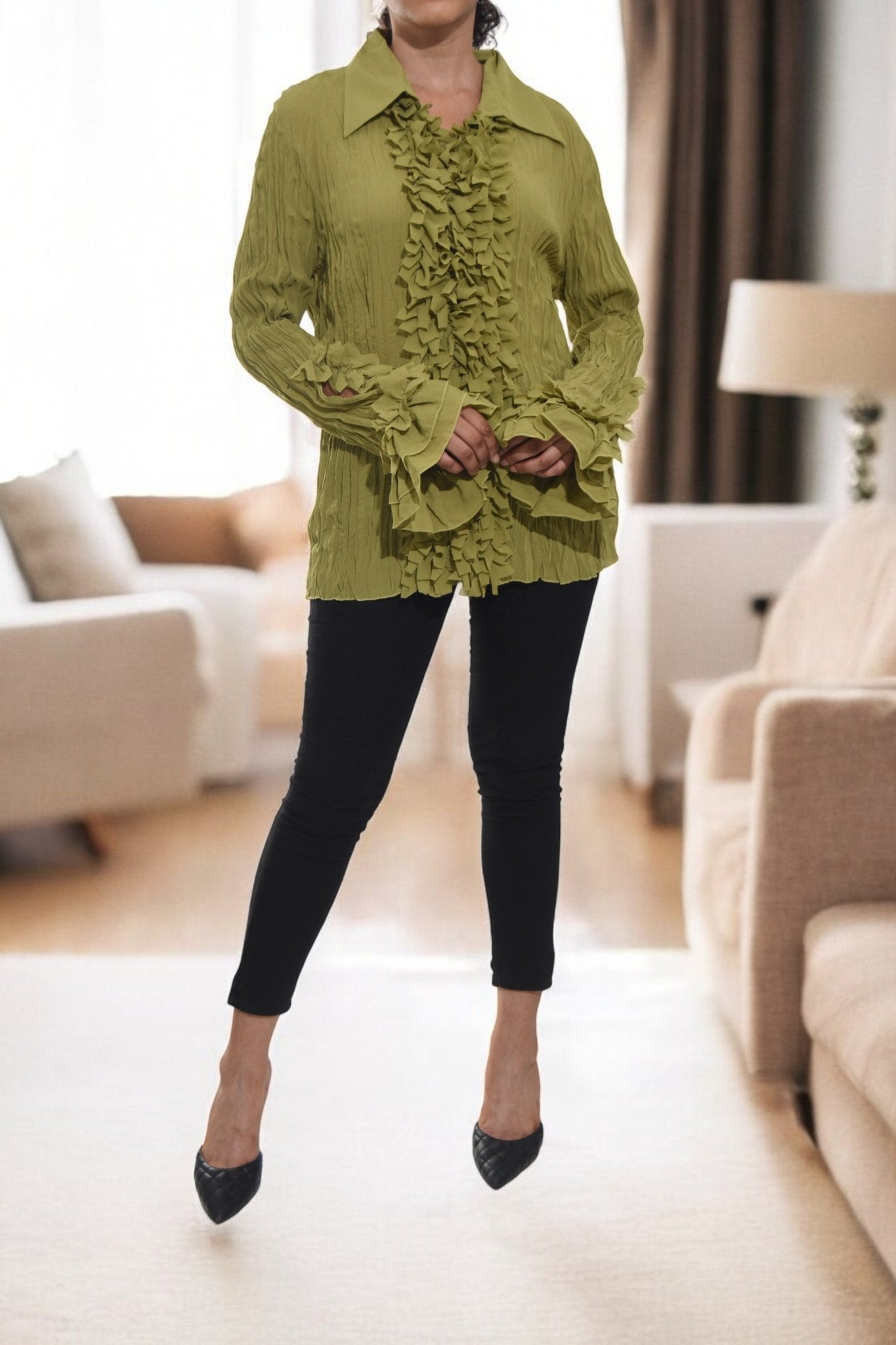 Ladies Green Front Frill Shirt - StylePhase SA