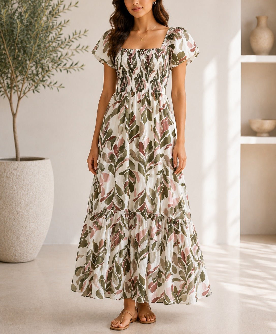 Ladies Green Leaf Print Double Layered Flutter Sleeve Dress - StylePhase SA