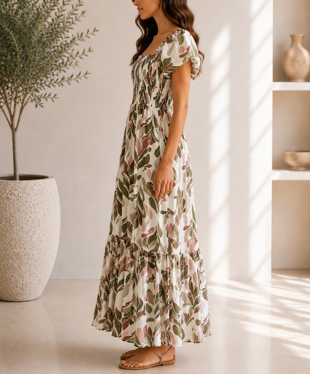 Ladies Green Leaf Print Double Layered Flutter Sleeve Dress - StylePhase SA