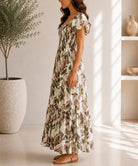 Ladies Green Leaf Print Double Layered Flutter Sleeve Dress - StylePhase SA