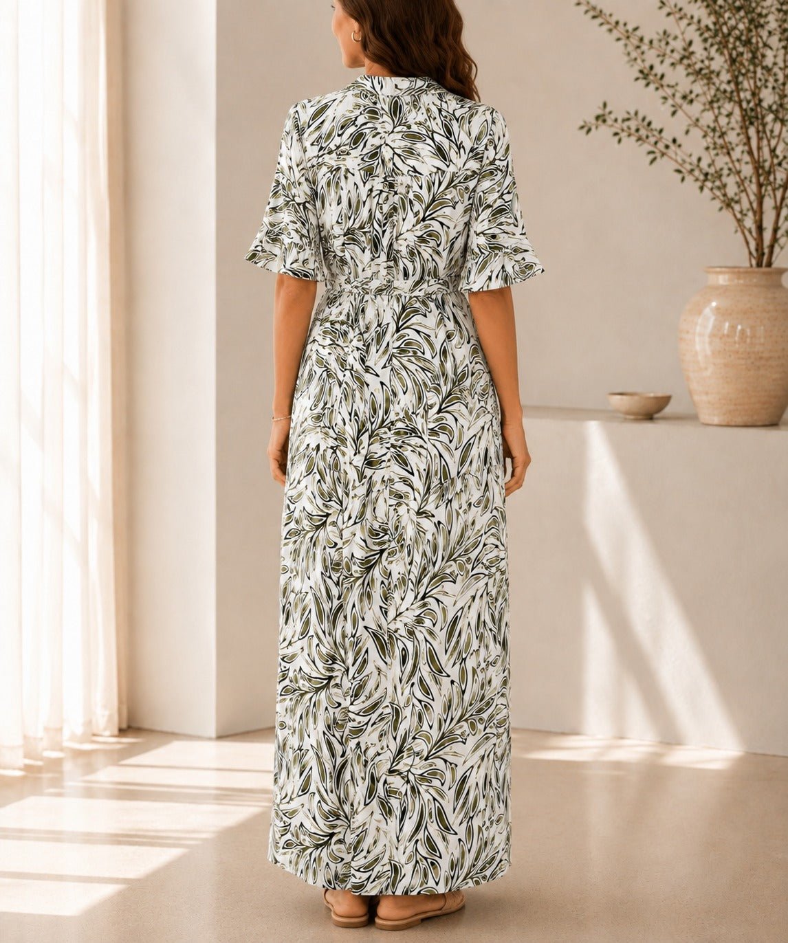 Ladies Green Leaf Print Ruffle Sleeve Dress - StylePhase SA