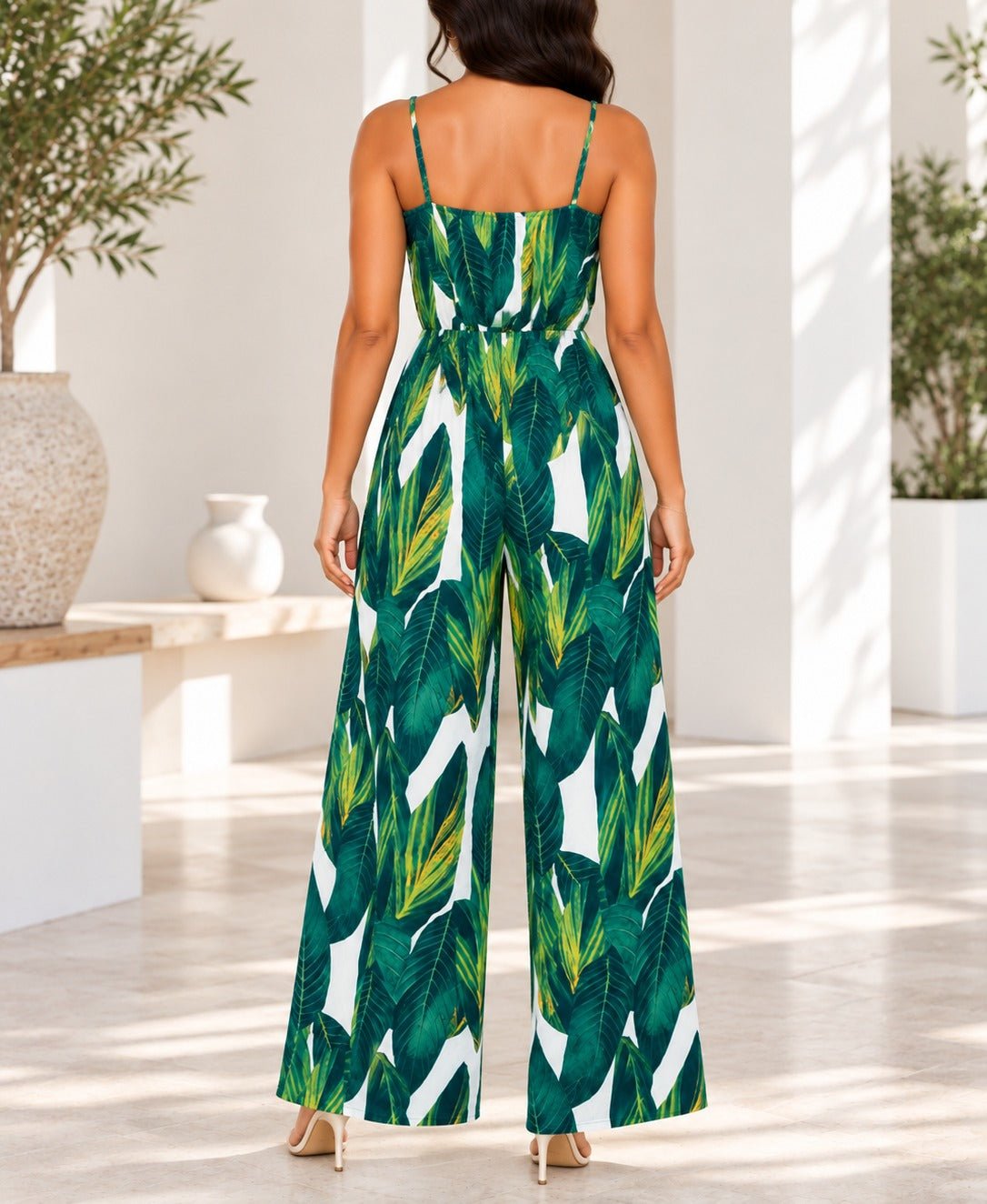 Ladies Green Leaf Print Strappy Jumpsuit - StylePhase SA