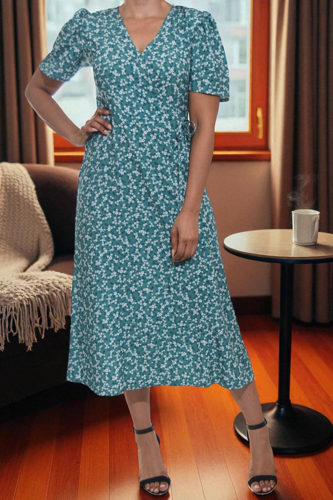Ladies Green Mini Flower Wrap Dress - StylePhase SA
