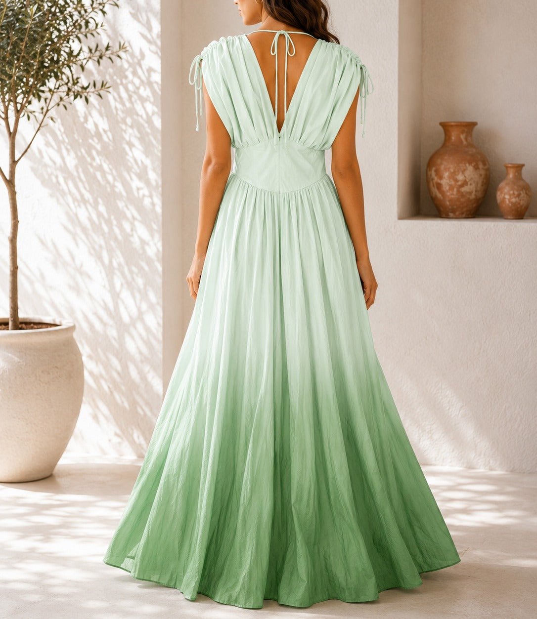Ladies Green Ombre Deep V-Neckline Tie Back Maxi Dress - StylePhase SA