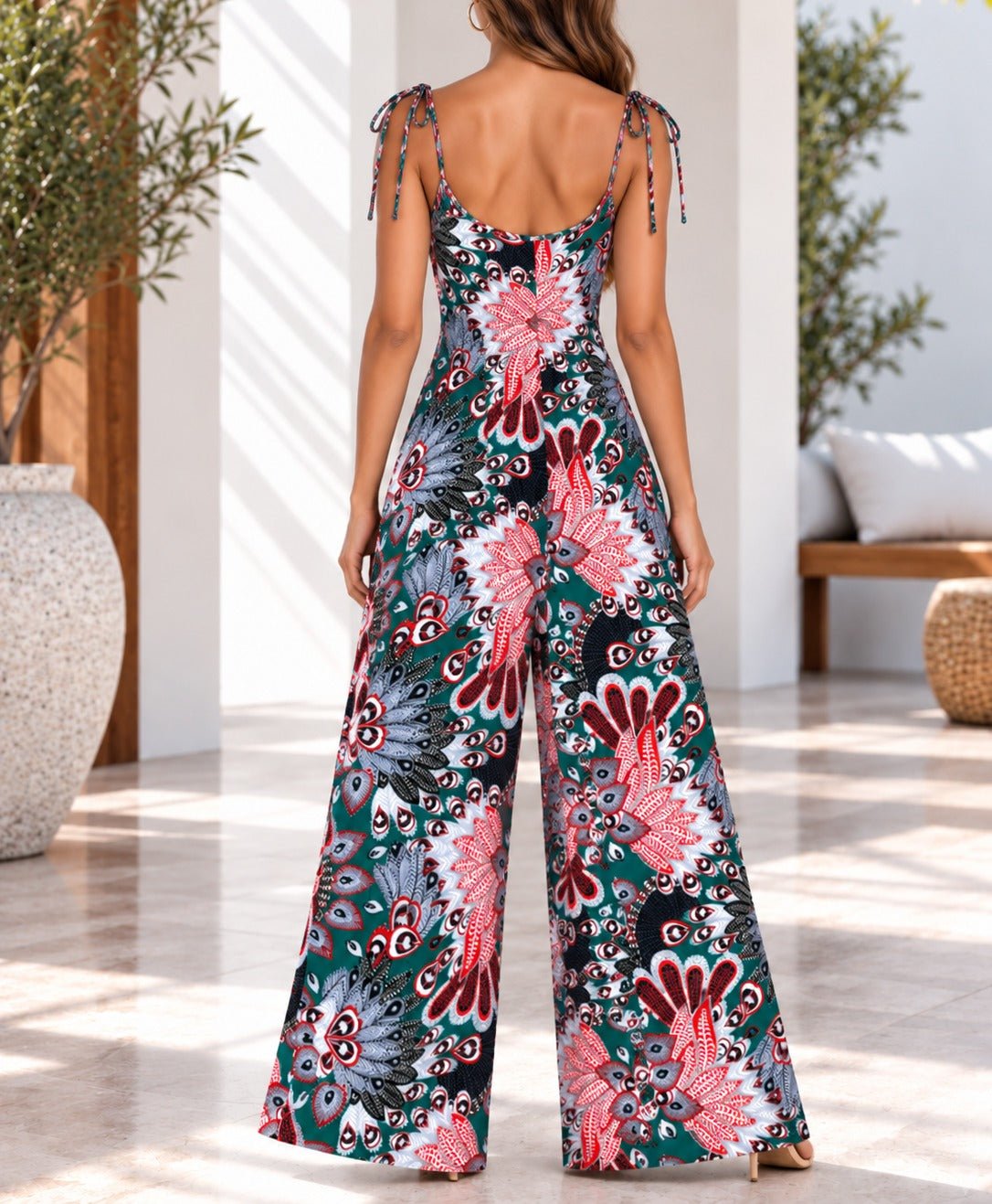 Ladies Green Paisley Print Tie Strap Jumpsuit - StylePhase SA