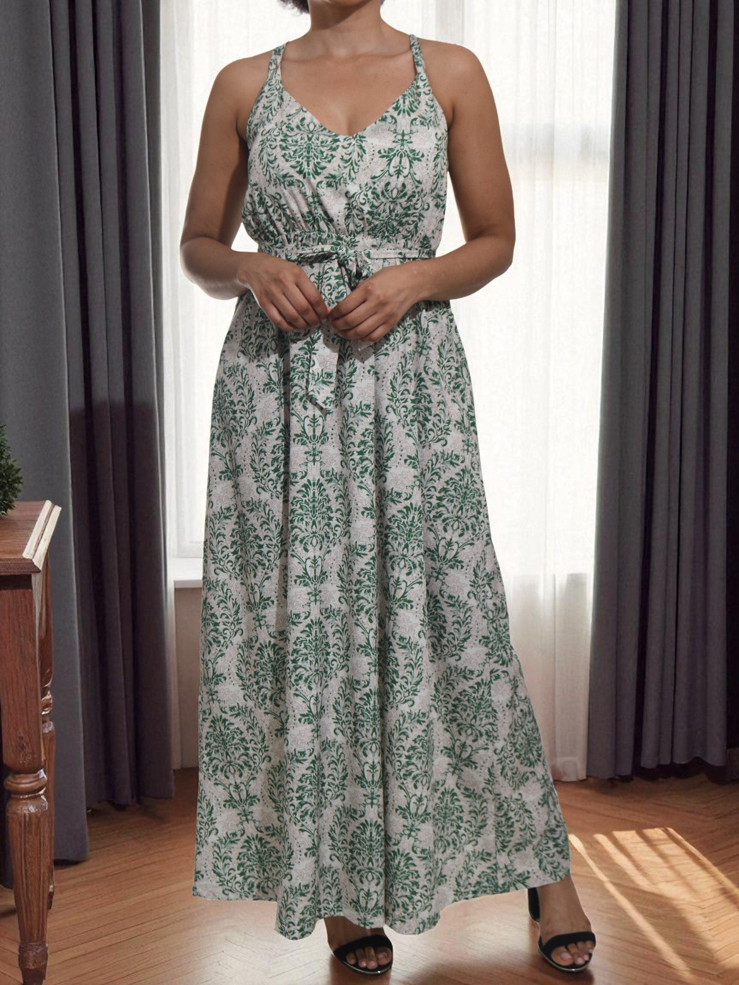 Ladies Green Printed Tie Front Dress - StylePhase SA