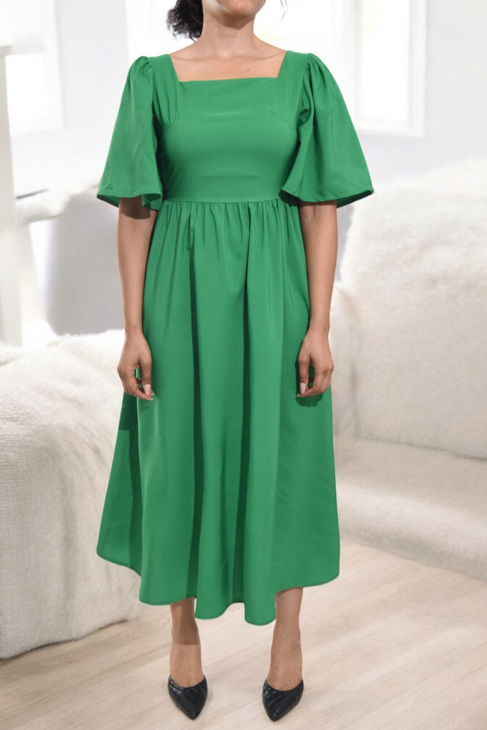 Ladies Green Puff Sleeve Fit & Flare Maxi Dress - StylePhase SA