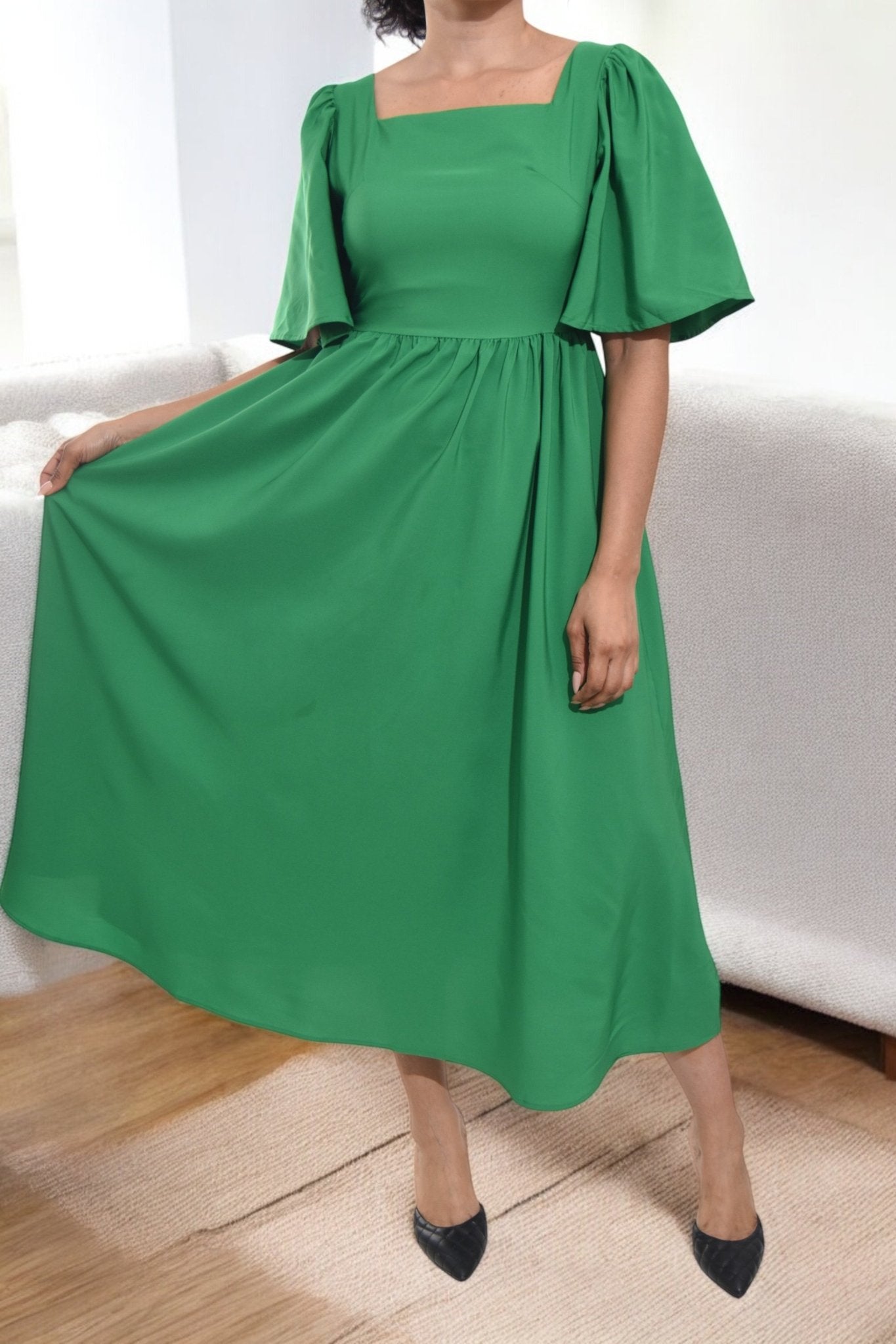 Ladies Green Puff Sleeve Fit & Flare Maxi Dress - StylePhase SA