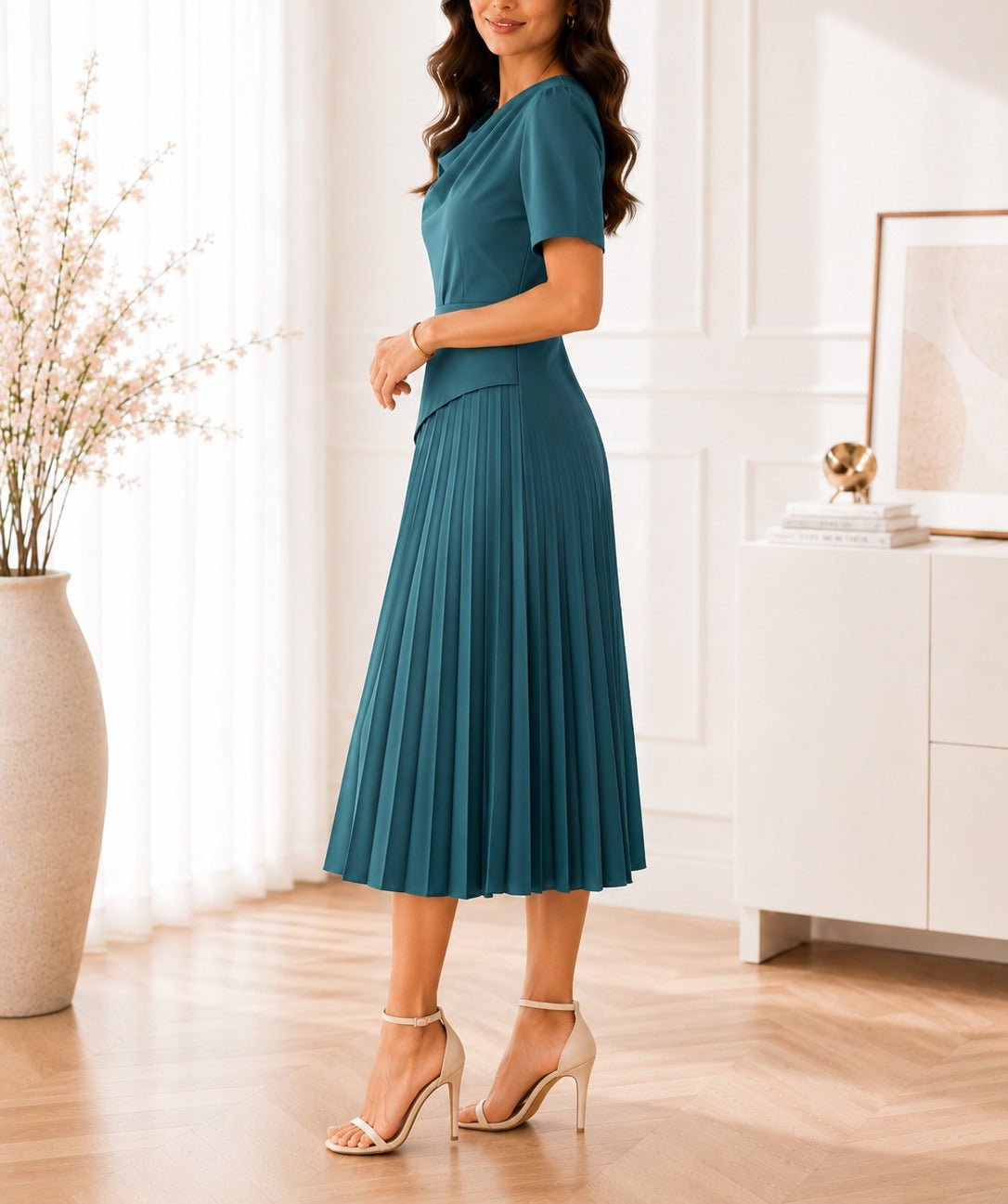 Ladies Green Short Sleeve Pleated Dress - StylePhase SA