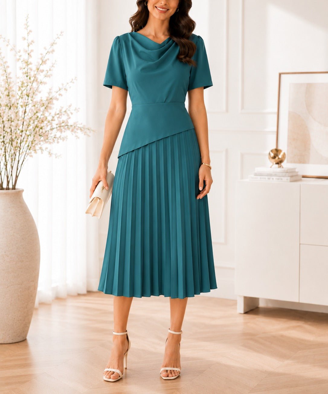 Ladies Green Short Sleeve Pleated Dress - StylePhase SA