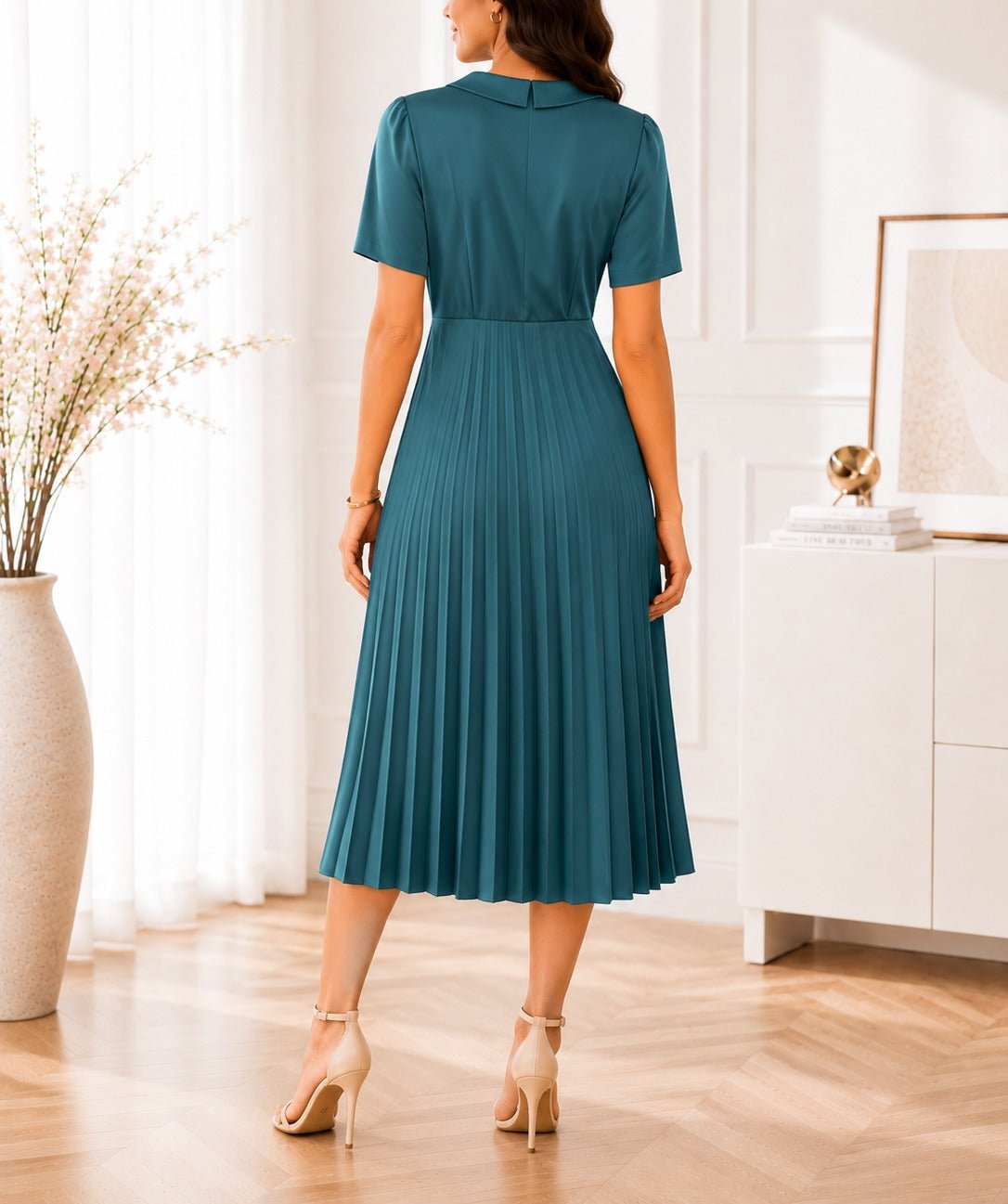 Ladies Green Short Sleeve Pleated Dress - StylePhase SA