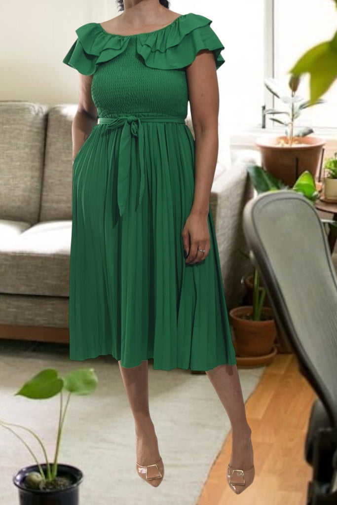 Ladies Green Tie Pleated Dress - StylePhase SA